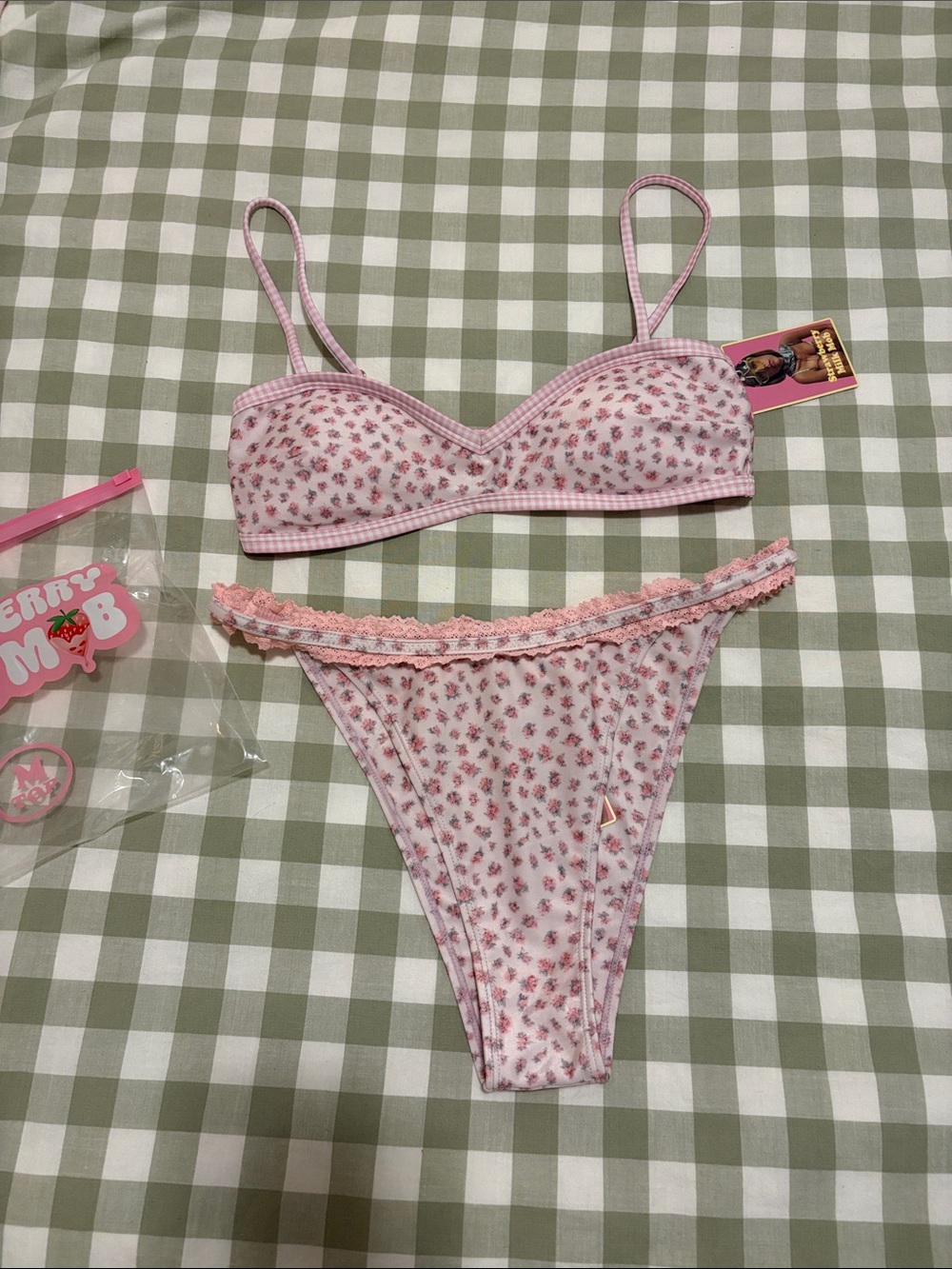 Strawberry Milk Mob Pink Floral Lace-Trim Bikini Set